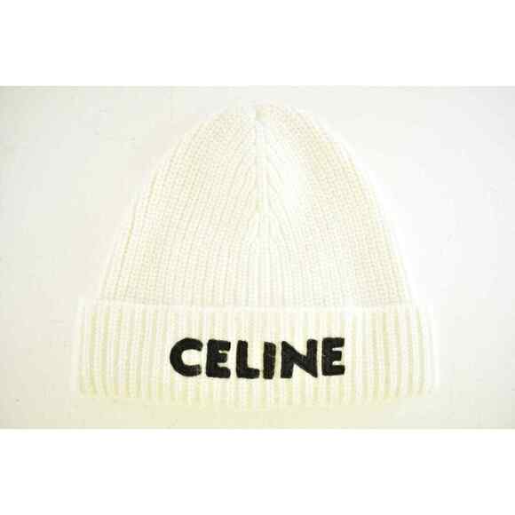 Celine Paris White Black Logo Laine Knit Wool Embroidered Beanie Cap Winter Hat main image 9